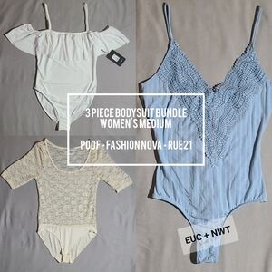 Women’s Medium Bodysuit Bundle 3pc Lace Ruffle Blue White EUC NWT Fashion Nova